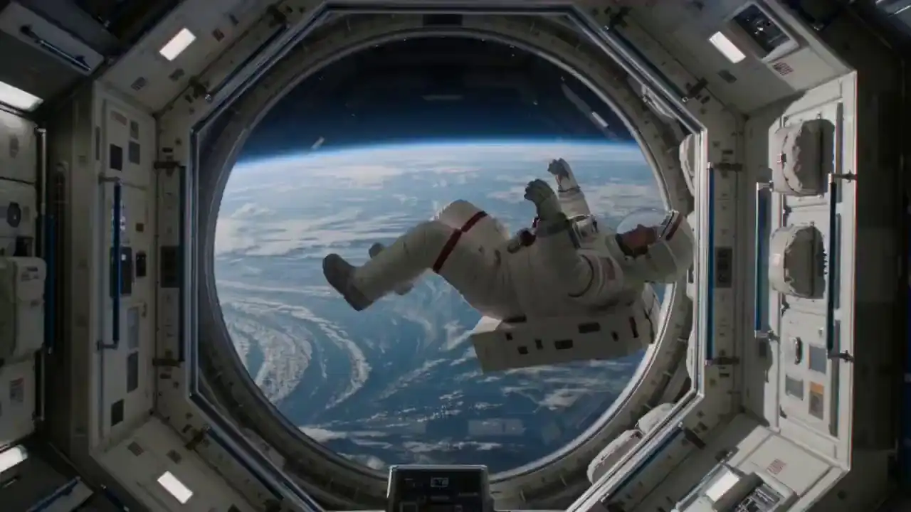 An astronaut floats in a space station viewing a glowing blue planet through a window, captured via Seedance 2.0.