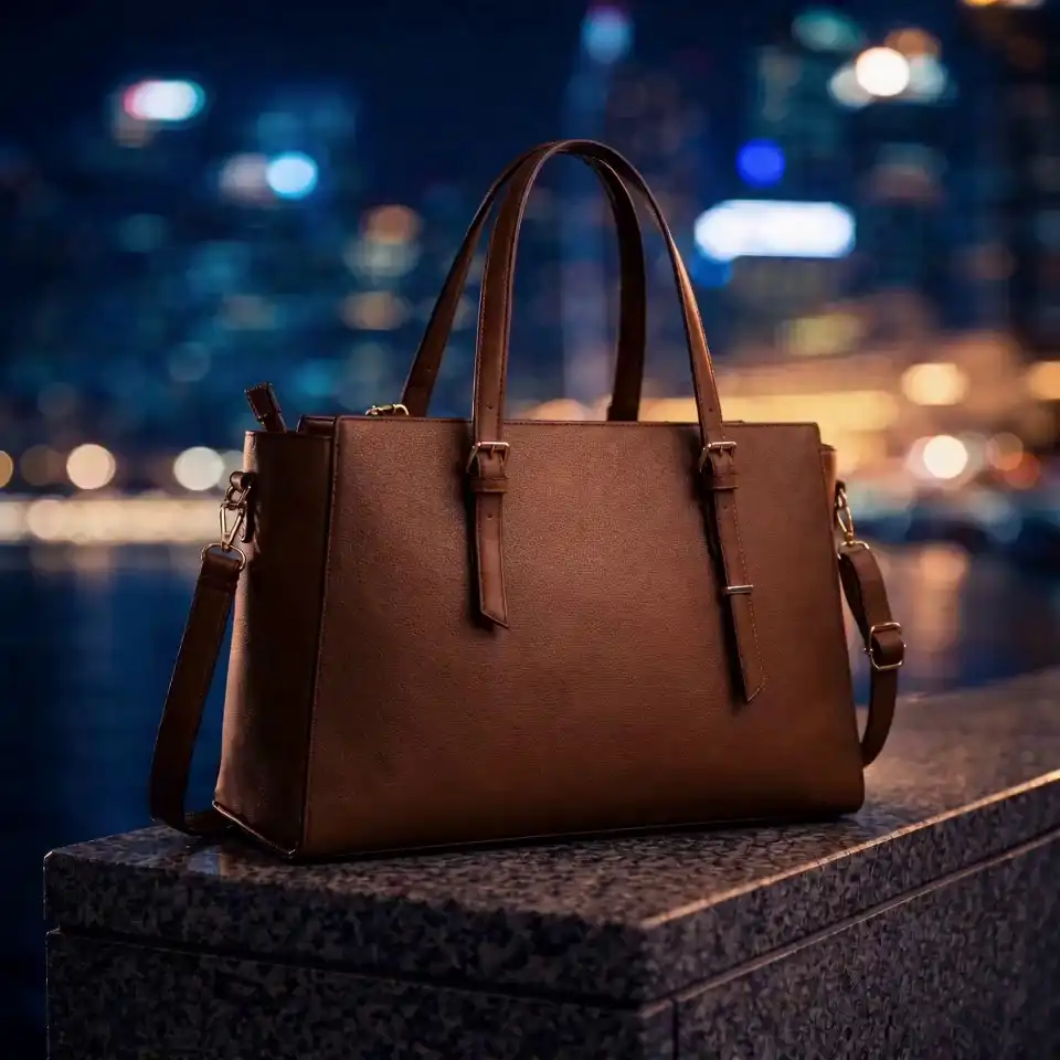 A luxury brown leather tote bag on a city waterfront at night with a glowing skyline, created with Seedance 2.0.