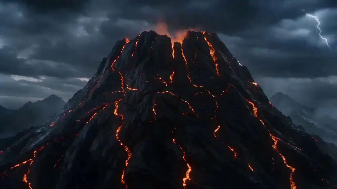 A massive fire dragon emerges from a cracking mountain with molten lava under a stormy sky, rendered by Seedance 2.0.
