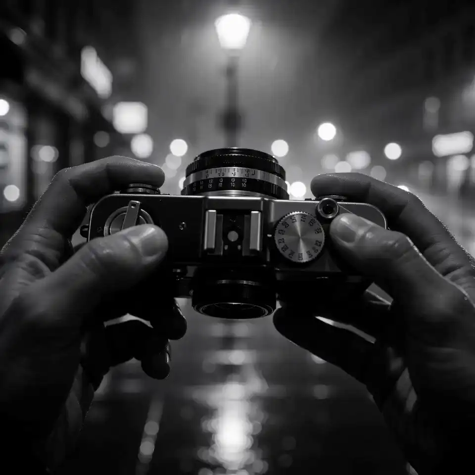 A retro film camera on a wet city street in a black and white noir scene, generated by Seedance 2.0.