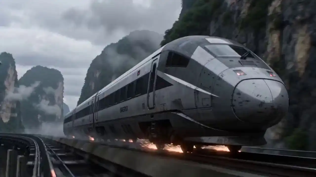 A military aircraft docks and merges with a high-speed train in a cinematic sci-fi scene from Seedance 2.0.