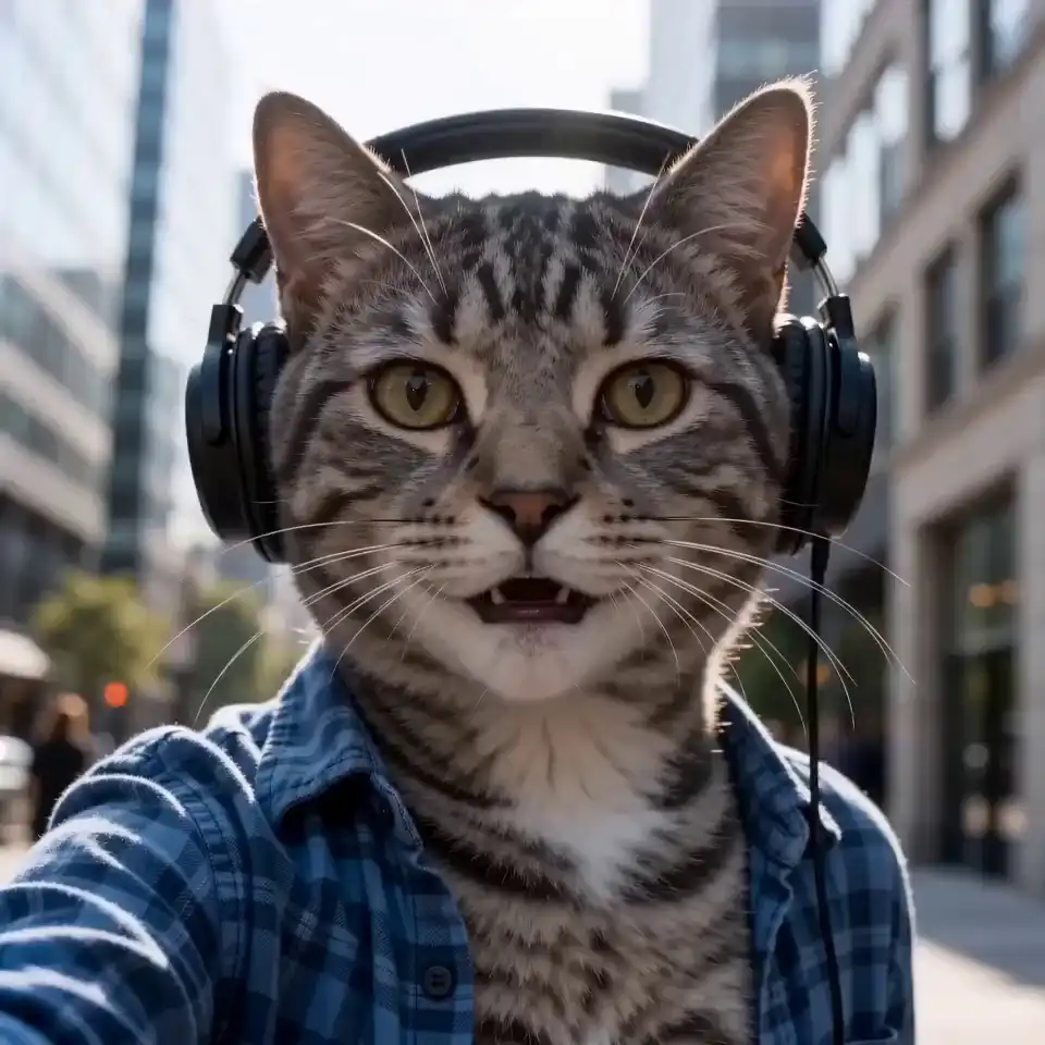 A tabby cat vlogger in a blue shirt and headphones records a selfie vlog on a city street via Seedance 2.0.
