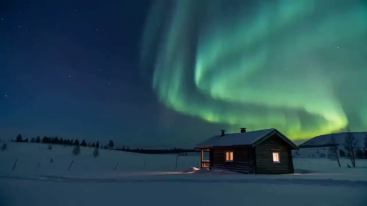 A wooden cabin in a snowy wilderness under vibrant northern lights dancing in the night sky, via Seedance 2.0.
